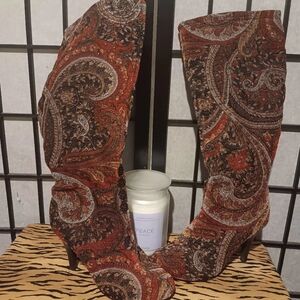 Diba Red and Brown Paisley Heeled Boots